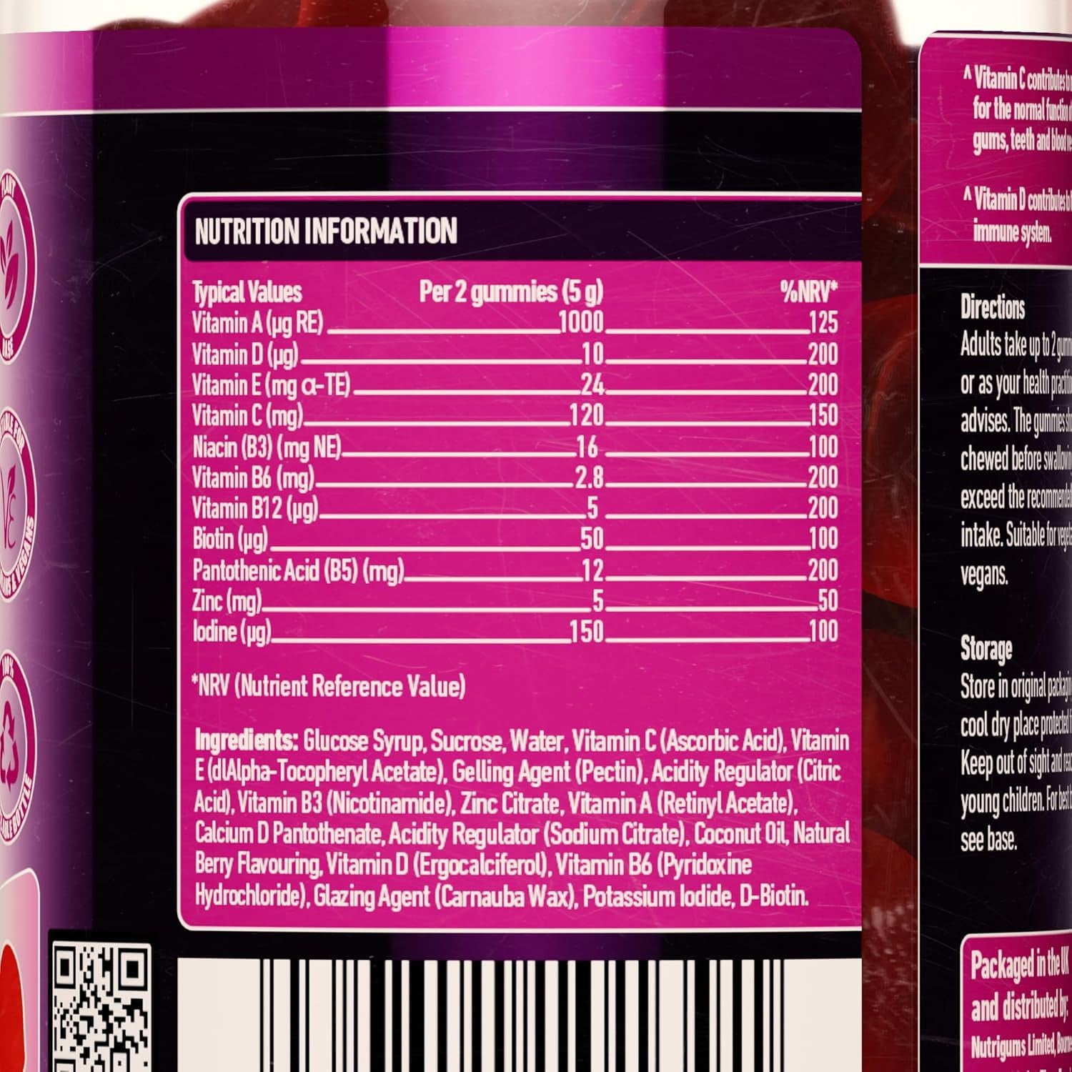 Adult Multi Vitality Gummy | 11 Essential Vitamins & Minerals A,D,E,C,B3,B6,B5,B12,Biotin, Zinc & Iodine | Mixed Berry Flavour | 60 Vegan Gummies | Support Wellbeing & Immune System by NUTRIGUMS®