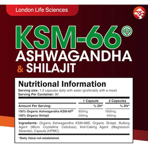 Organic SHILAJIT with Ashwagandha KSM-66® 2000Mg (2 Month Supply) | Root Extract | Vegan Ayurveda Medicine Supplement | Higher Bioavailability & Gluten-Free, Non-Gmo, UK, London Life Sciences®