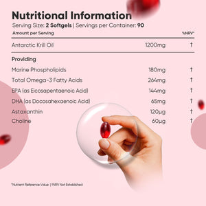 Antarctic Krill Oil Capsules - 1200Mg - 3 Months Supply - 180 Red Krill Oil Softgels - Omega 3 Fatty Acids Supplements - Providing Astaxanthin, Marine Phospholipids, EPA, DHA & Choline