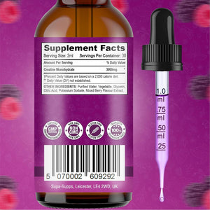 Creatine Monohydrate Drops 60Ml - Liquid Alternative to Creatine Monohydrate Powder, Ideal for Gym Performance, Bulk Creatine Formula, Supports Muscle Growth, Recovery, and Energy - Berry Flavour