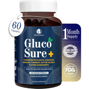 Biovitalia Gluco Sure+ Blood Sugar Control Supplement Capsules with Chromium Picolinate Cinnamon Bitter Gourd Hibiscus for Healthy Blood Sugar Levels Vegan Glucose Support Supplement - 60 Capsules