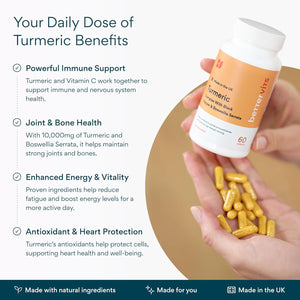 Bettervits Turmeric and Black Pepper Capsules with Boswellia Serrata - 10,000Mg Curcumin Supplement | Turmeric Tablets Complex for Joint Support with High Absorption Formula and Vitamin C - 60 Tablets