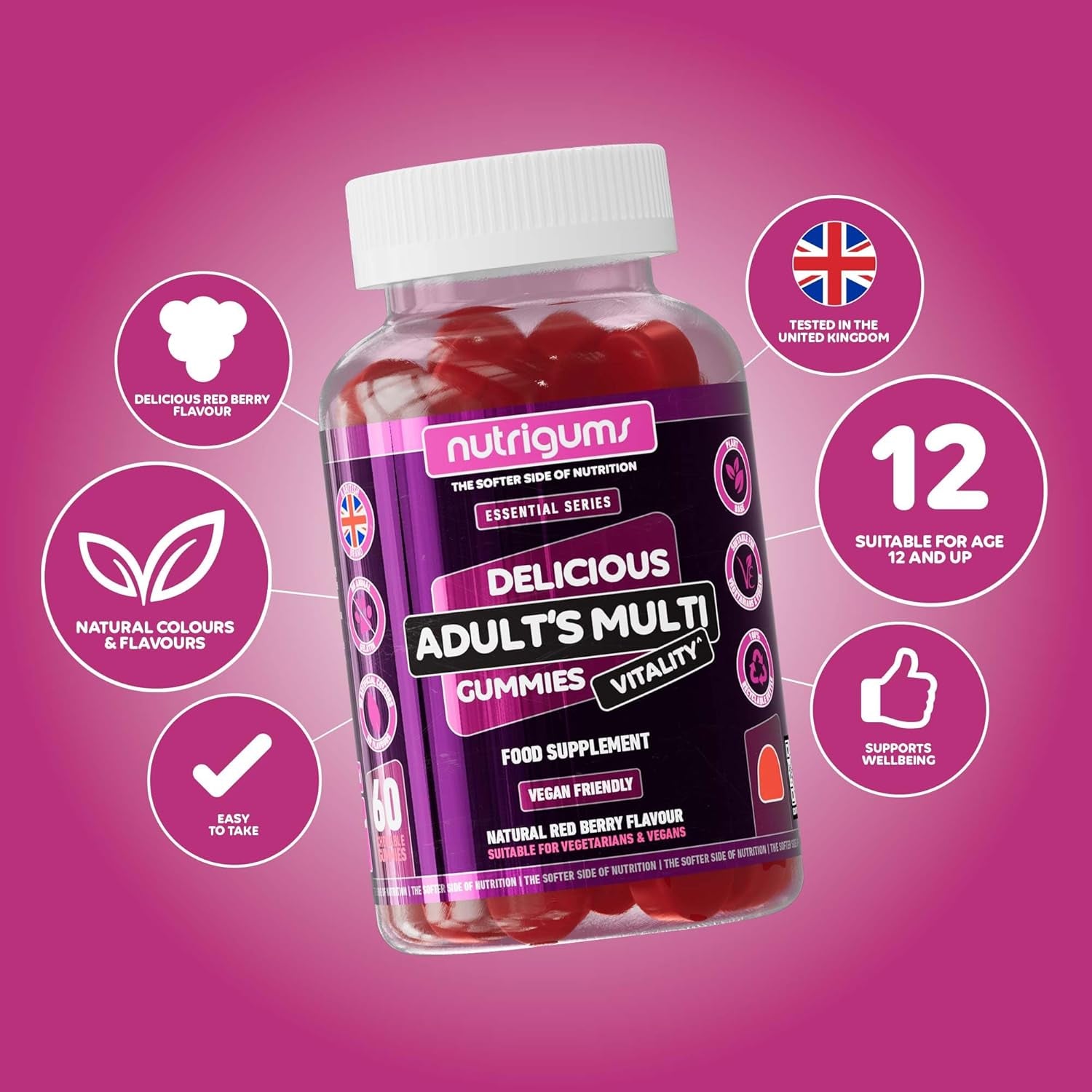 Adult Multi Vitality Gummy | 11 Essential Vitamins & Minerals A,D,E,C,B3,B6,B5,B12,Biotin, Zinc & Iodine | Mixed Berry Flavour | 60 Vegan Gummies | Support Wellbeing & Immune System by NUTRIGUMS®