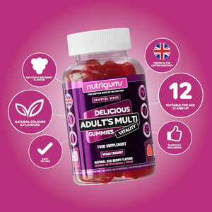 Adult Multi Vitality Gummy | 11 Essential Vitamins & Minerals A,D,E,C,B3,B6,B5,B12,Biotin, Zinc & Iodine | Mixed Berry Flavour | 60 Vegan Gummies | Support Wellbeing & Immune System by NUTRIGUMS®