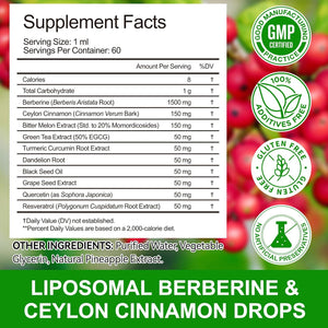 Berberine Supplement with Ceylon Cinnamon, Berberine Liquid Drops with Turmeric Curcumin, Ceylon Cinnamon, Bitter Melon, Digestive Health Support, Immune Support, 60Ml