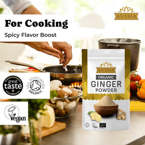 Ausha Organic GINGER POWDER 250G - UK Certified Orgainic by Soil Association -1* GREAT TASTE AWARD 2023 -Use in Ginger Shot, Cooking - Immunity, Digestion - Ground Ginger Root Tea