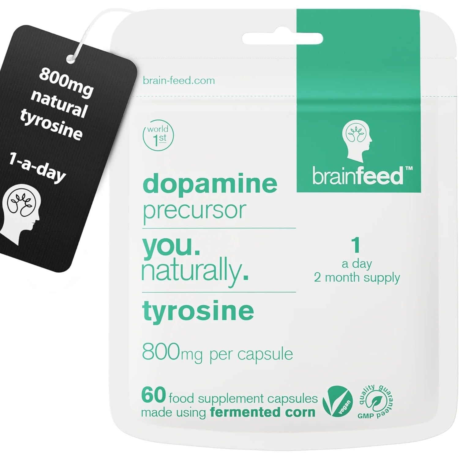 Dopamine Supplements | Natural L Tyrosine Supplement 800Mg | 1-A-Day L-Tyrosine High Strength Capsules (60) | Dopamine Brain Food Nootropic | Alertness & Motivation | Vegan | 2-Month Supply