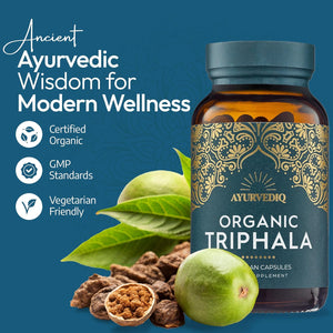 Ayurvediq Wellness Organic Triphala Capsules 120, 500Mg – Natural Pure Triphala Powder Organic Capsules for Immunity, Digestion, Wellbeing – Soil Association Certified - Vegan Ayurveda Supplements