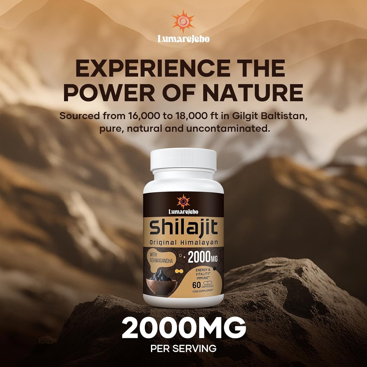Shilajit Capsules 2000MG, Gold Grade 100% Pure Himalayan Shilajit, High Strength with Ashwagandha, 60% Fulvic Acid & Minerals, Energy & Immune Support for Men & Women, 60 Count (Pack of 1)