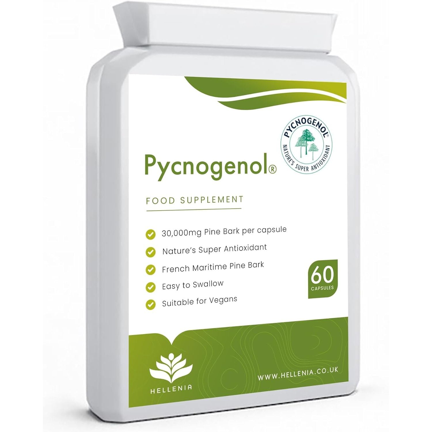 Pycnogenol 30Mg (60 Capsules) | French Maritime Pine Bark Extract | Providing Naturally Powerful Bioflavonoids | High Bioavailability Suitable for Vegans - Made in the UK by Hellenia