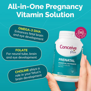 CONCEIVE plus Prenatal Vitamins for Women - Multivitamin with DHA, Choline, Folate, Non GMO Pregnancy Supplement | 30 Day Supply, Pre Conception Vitamin, Fertility Booster, Help Get Pregnant | 60 Caps