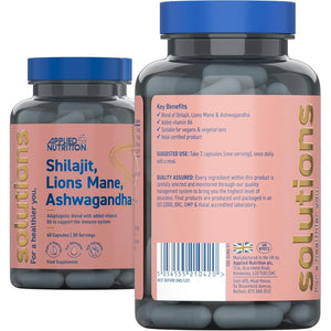 Applied Nutrition - Solutions - Shilajit, Lion’S Mane & Ashwagandha - High Strength Nootropic & Adaptogen Blend - Mental Clarity, Stress & Energy Support - 60 Capsules - 30 Servings