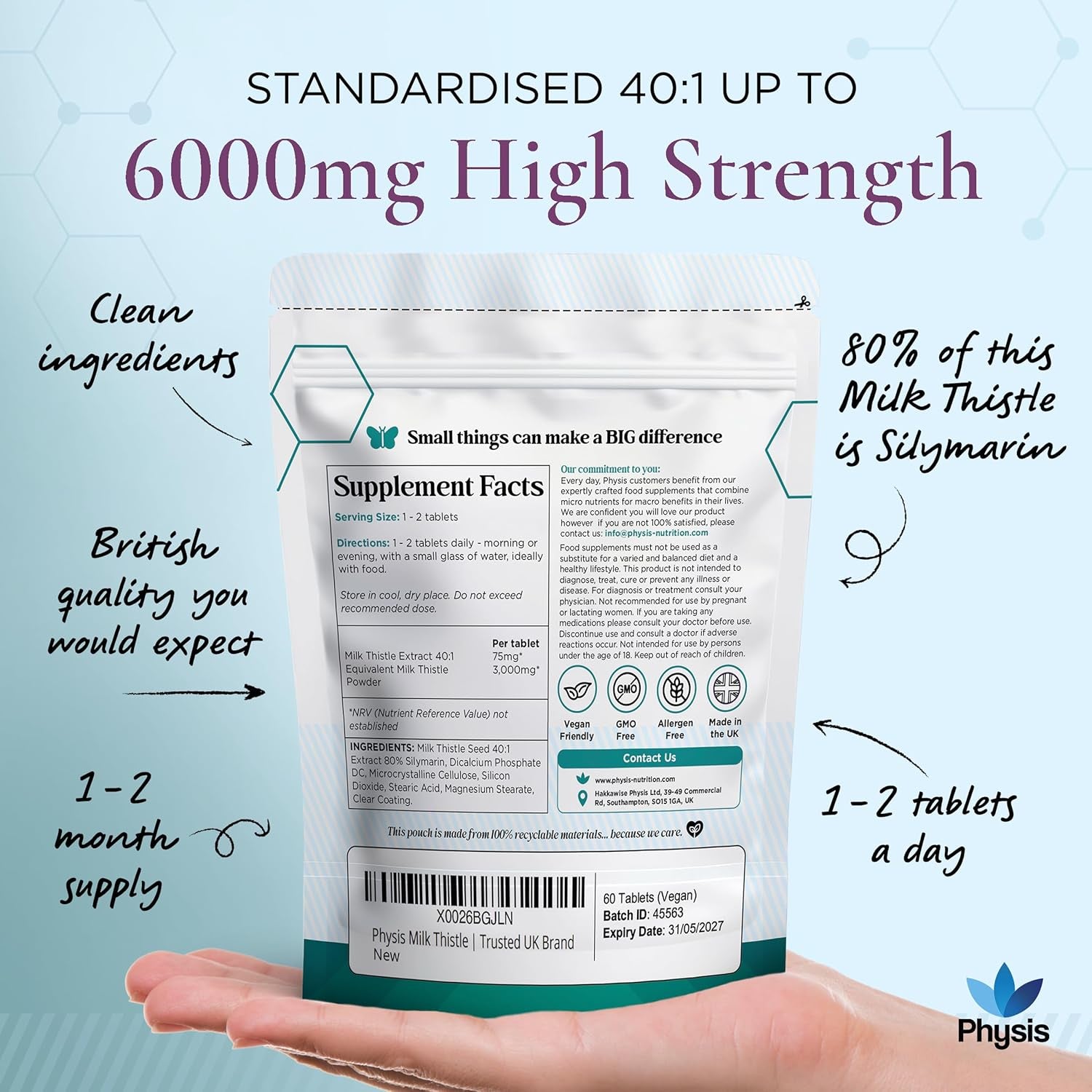 Physis Milk Thistle High Strength | 80% Silymarin | Liver Support Supplements | Milk Thistle Seeds | Vegan Food Supplement | 60 X Tablets | Made in Britain