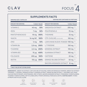 N°4 Focus - Nootropics Brain Supplement - with Lions Mane, Ginseng and Ginkgo Biloba, Bacopa Monnieri, CDP Choline, Vitamin B Complex - Cognitive Enhancer for Concentration & Memory - 60 Capsules