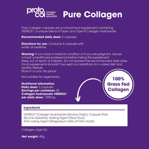 Proto-Col Pure Collagen Supplement - Clinically Proven Premium Verisol Bioactive Collagen, to Reduce Wrinkles, and Support Hair, Skin and Joint Health. (120 Capsules X 2500Mg).