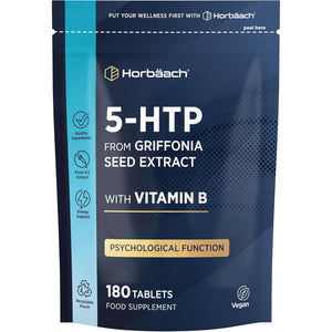 5HTP Supplement High Strength | 180 Vegan Tablets | 6 Month Supply - One a Day | from Griffonia Seed Extract | with Vitamin B5 | by Horbaach