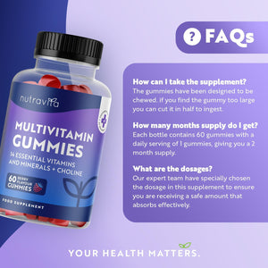 Vegan Multivitamin Gummies for Women & Men – 60 Berry Flavour Chewable Adult Multivitamins (2 Month Supply) Daily Supplement with 14 Vitamins & Minerals Incl. Vitamin C D3 B12 Biotin Zinc – Nutravita