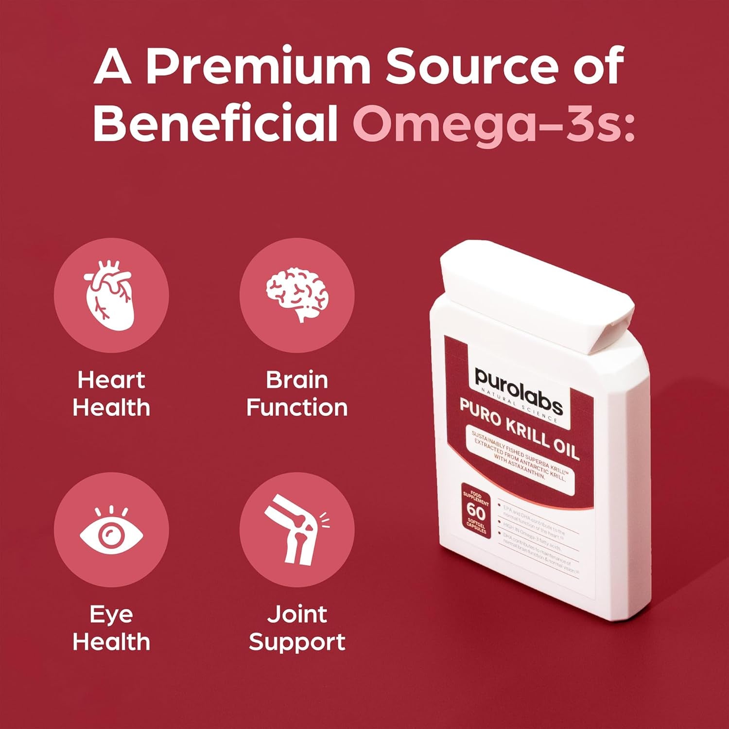 Purolabs Antarctic Krill Oil 1000Mg - High Strength Omega-3 (220Mg) with Phospholipids (400Mg) & Astaxanthin - Superba™ Sustainable Source - Heart, Brain & Eye Health - 60 Capsules