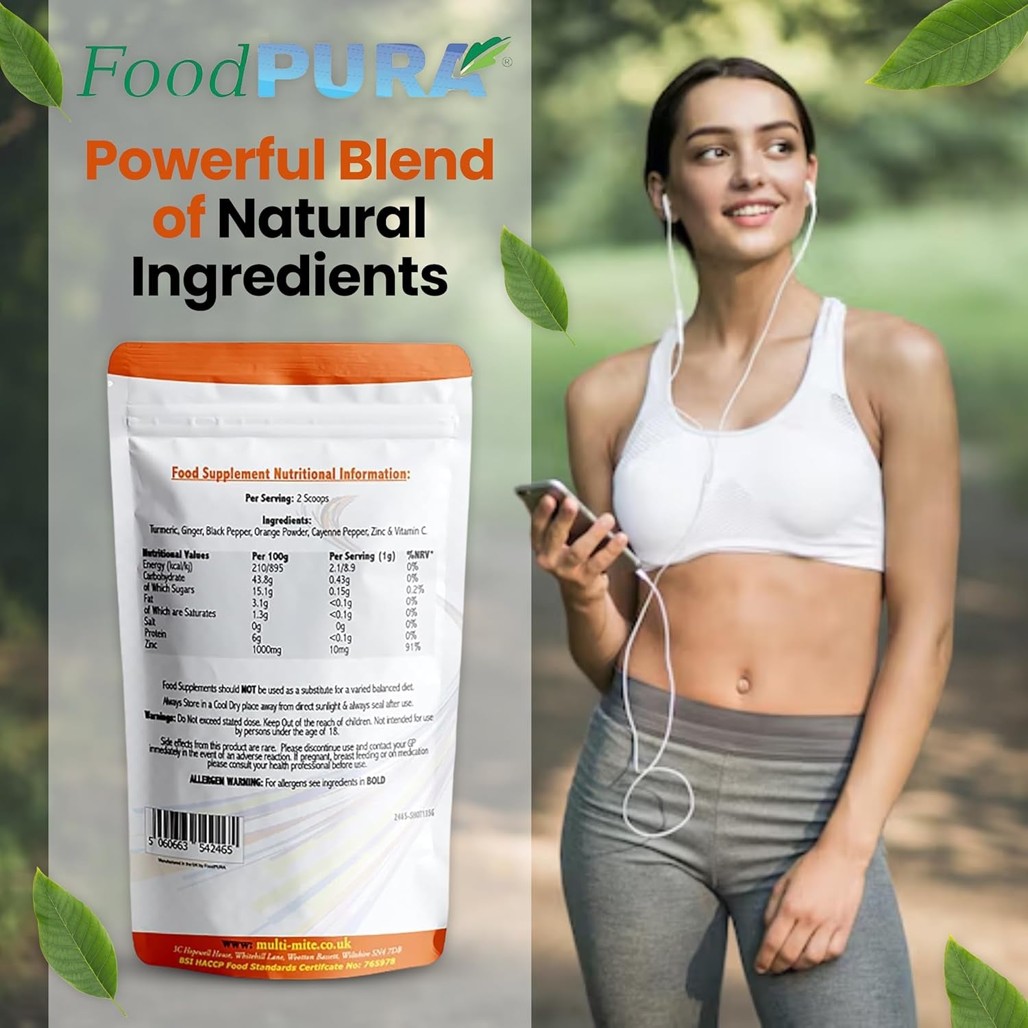 Foodpura 135G Ginger & Turmeric Shot Drink Powder 135 Servings with Orange Cayenne Black Pepper Vitamin C & Zinc 100% RDA Natural Supplement No Added Sugar Immunity Energy & Inflammation Support