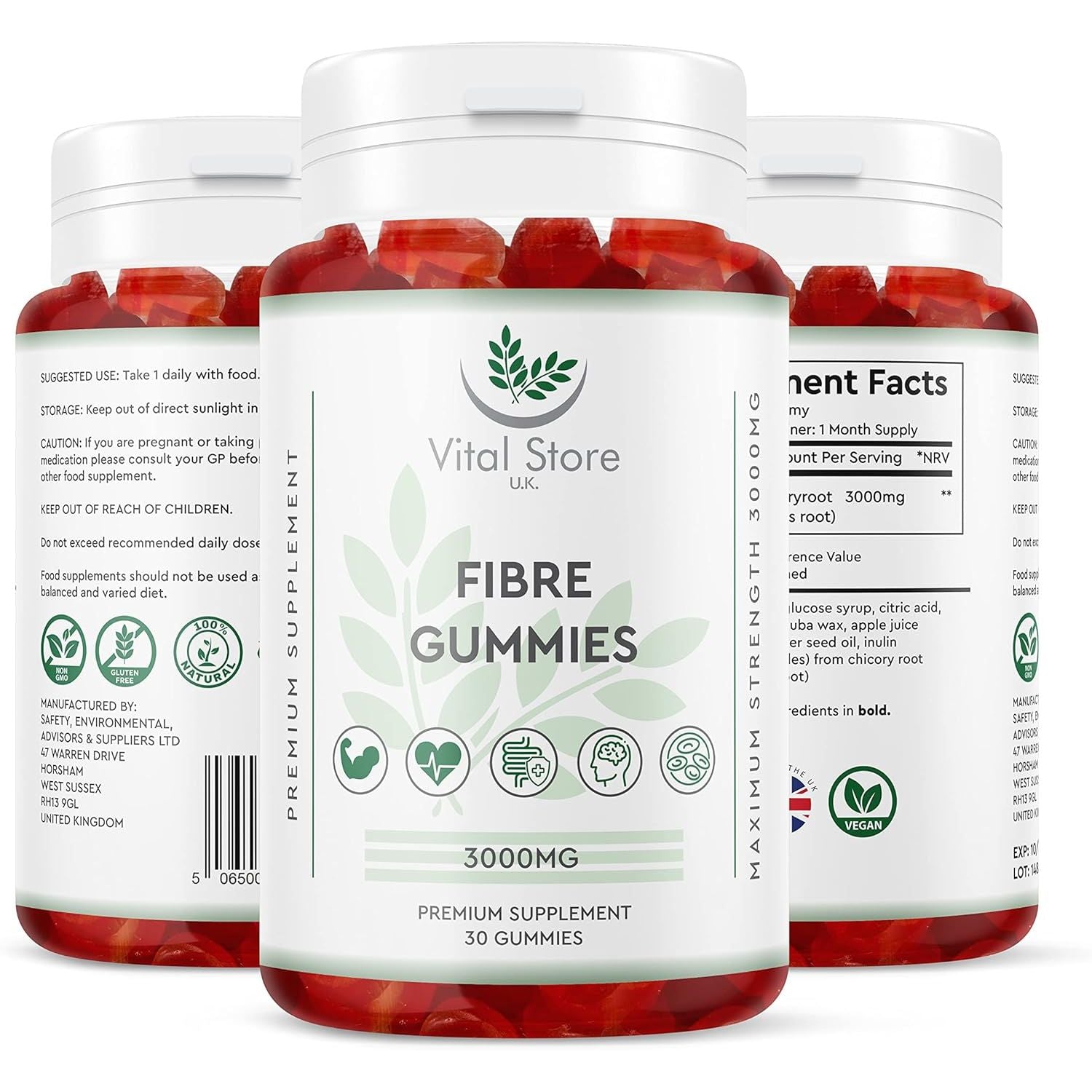 Fibre Gummies 3000MG - Vegan - One Month Supply - Berry Flavour Prebiotic Tapioca Chicory Root - High Strength Fibre Supplement