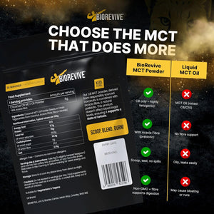 Biorevive C8 MCT Oil Prebiotic Powder Ketogenic Supplement with Responsibly Sourced Coconut & Acacia Fibre for Gut Health, Focus & Energy – Pure Caprylic Acid C8 Formula, 180G