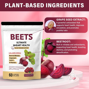 Govixed Beets Ultimate Heart Health Chews for Blood Pressure Support, with Beetroot Powder, Coq10, B Vitamins & Grapeseed, Pomegranate Berry, 60 Soft Chews