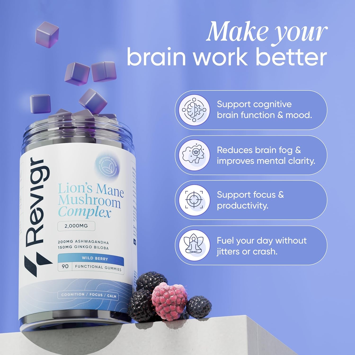 Revigr, 2000Mg, 90 Lion'S Mane Mushroom Gummies, + 200Mg Ashwagandha, + 150Mg Ginkgo Biloba, Nootropics for Cognition, Mood, Immunity & Inflammation, Vegan & Sugar-Free, Mixed Berry (45 Days Supply)