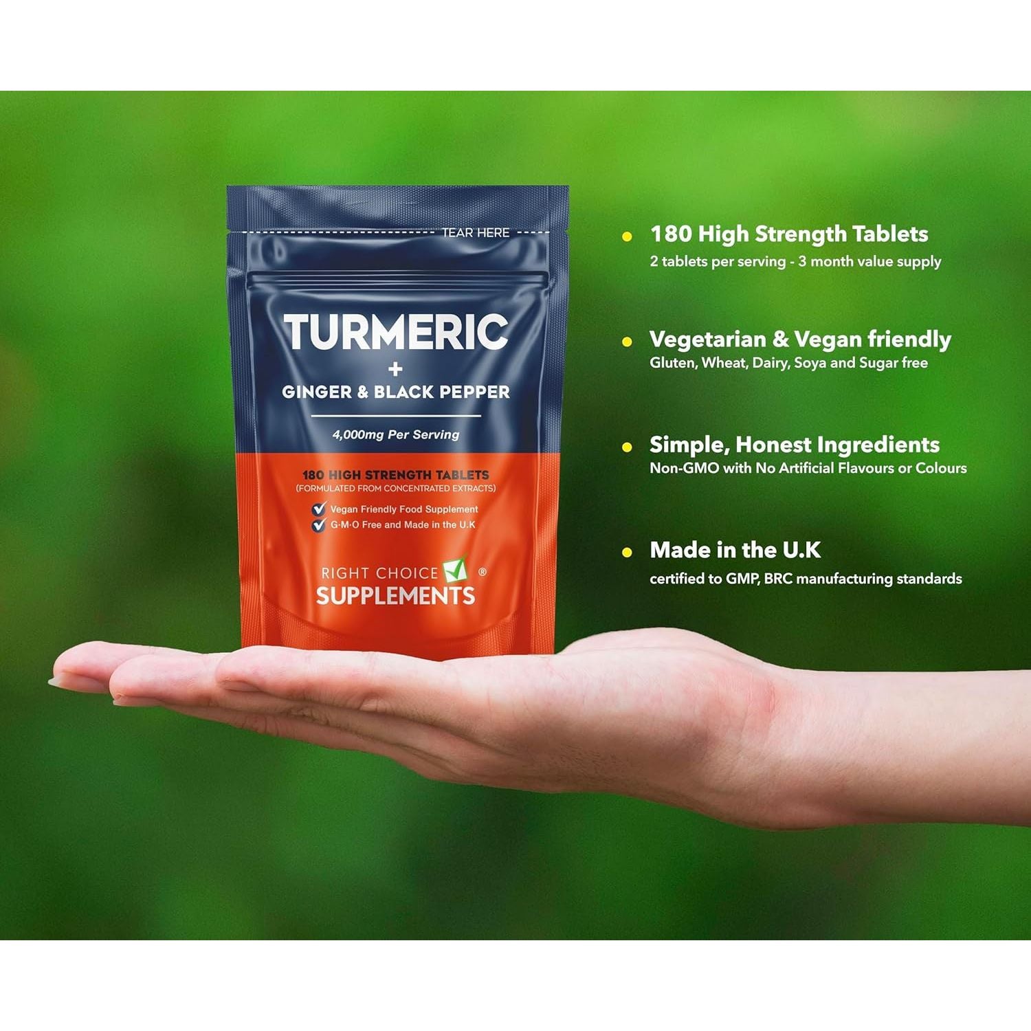 Turmeric Tablets 4000Mg per Serving (2400Mg Turmeric, 1400Mg Ginger, 200 Mg Black Pepper) | 180 High Strength Curcumin Tablet Supplements| Vegan and Gluten Free | UK Made