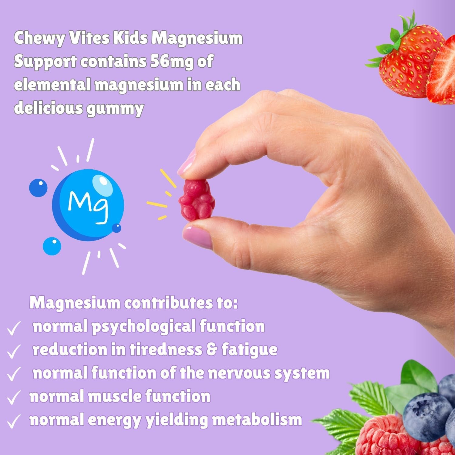 Chewy Vites Kids Magnesium, 2 Months Supply, 60 Kids Vitamins Gummies, 500Mg Magnesium Citrate Providing 56Mg per Gummy, Real Fruit Juice, Age 3 +, Berries Flavour
