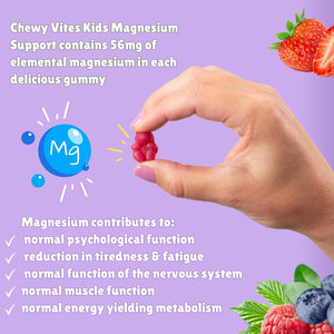 Chewy Vites Kids Magnesium, 2 Months Supply, 60 Kids Vitamins Gummies, 500Mg Magnesium Citrate Providing 56Mg per Gummy, Real Fruit Juice, Age 3 +, Berries Flavour