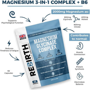 Magnesium Glycinate 3-In-1 Complex with Vitamin B6-2000Mg per Serving of Glycinate, Citrate & Malate - Providing 468Mg Elemental Magnesium. 90 Capsules - Made in UK - 3Rd Party Lab Tested