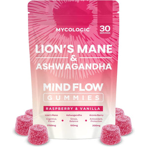 Mycologic Lions Mane Mushroom Gummies for Adults, 30 Servings - Natural Clarity & Focus Gummies with Ashwagandha & Aronia Berry - Raspberry & Vanilla Flavour Brain Boost Supplement - 1 Month Supply