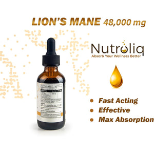 Nutroliq Lions Mane Liquid Drops - 48000Mg per Serving - Fruiting Body Extract - 30% Polysaccharides - Vegan Formula - 60-Day Supply - Lions Mane Tincture Supplement with Organic Hericium Erinaceus