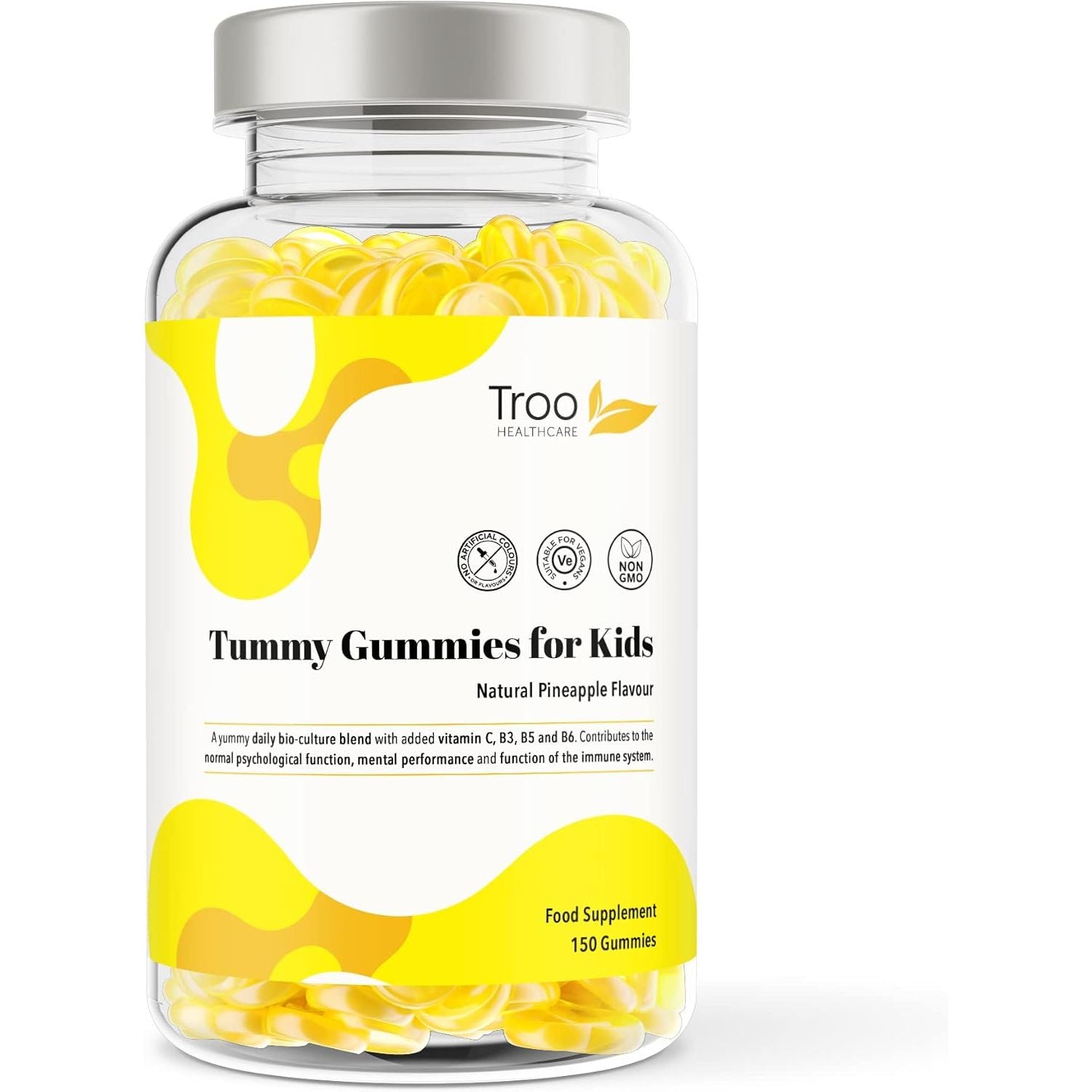 Troo Health Care Tummy Gummies Probiotics with Vitamins for Kids & Adults - 150 Natural Pineapple Active Bacteria Gummies with Vitamin C, B3, B5 & B6 to Support Immune Function & Mental Development
