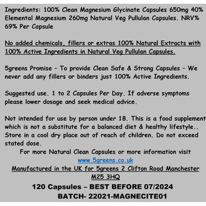 Magnesium Glycinate Capsules | 650Mg Glycinate Capsules | 120 Vegan Caps Vegan Caps | Made in UK by 5Greens