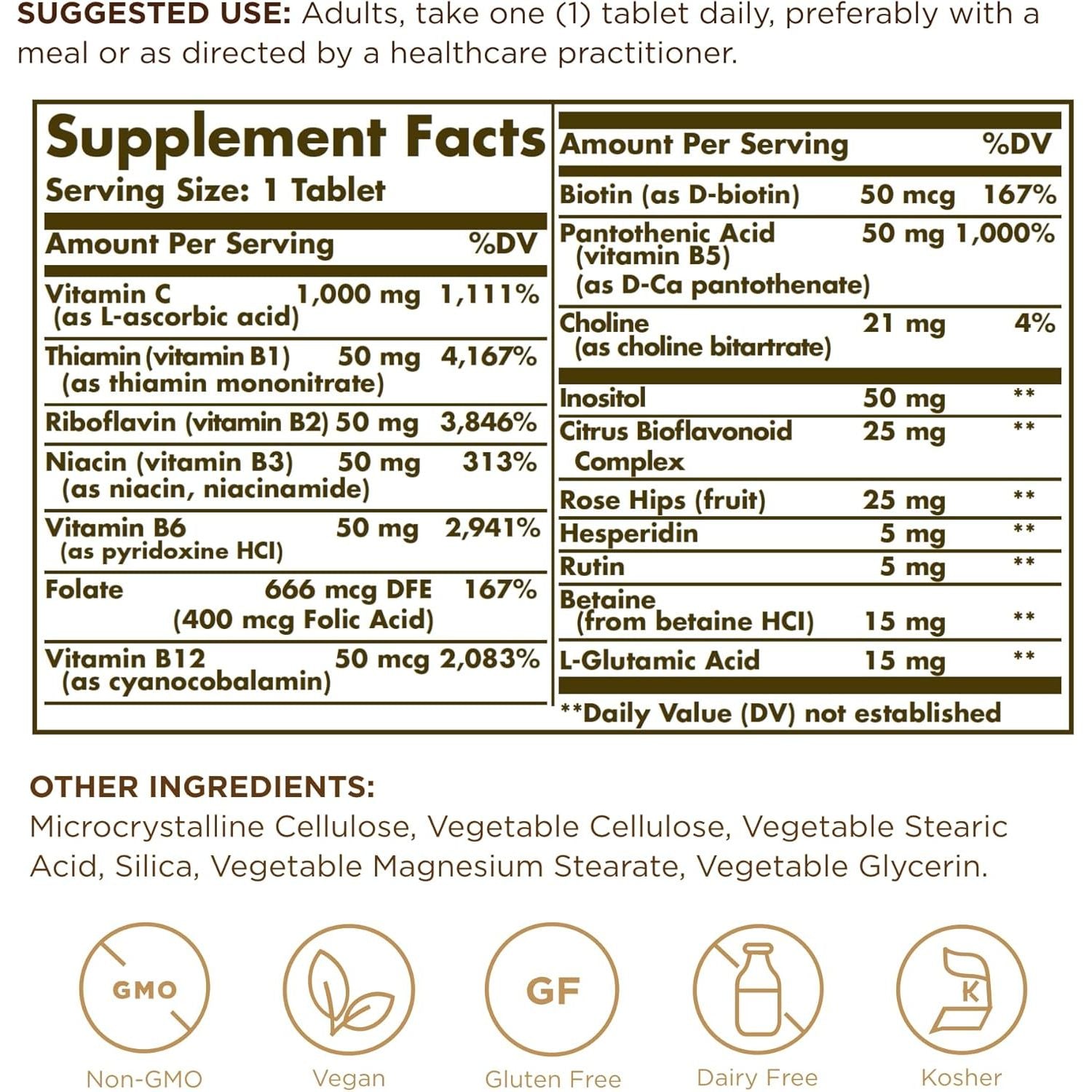 Solgar Ultimate B plus C Complex Tablets - Pack of 90 - B1, B2, B3, B4, B5, B6, B7, B12, Vitamin C - Multivitamin for Metabolism and Nervous System Support - Vegan, Kosher and Gluten-Free
