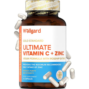 Vegan Vitamin C and Zinc by Wellgard - Maximum Recommended Daily Intake of Zinc, Made in UK