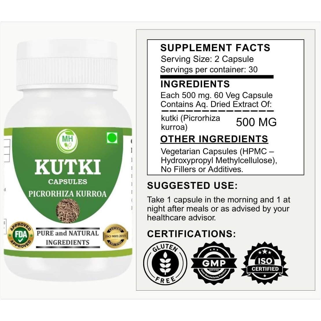 Morsan Healthcare Kutki Capsules 500Mg | Picrorhiza Kurroa | Natural Ayurvedic Herbal Supplement for Liver & Digestion Support | Vegetarian, Gluten Free, GMP Certified | 60 Capsules (Pack of 2)