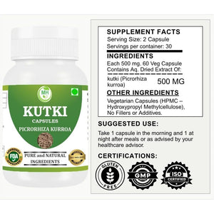 Morsan Healthcare Kutki Capsules 500Mg | Picrorhiza Kurroa | Natural Ayurvedic Herbal Supplement for Liver & Digestion Support | Vegetarian, Gluten Free, GMP Certified | 60 Capsules (Pack of 2)