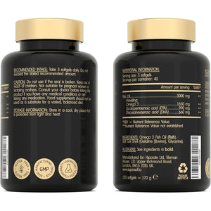Fish Oil Omega 3 Capsules High Strength - 3000Mg Triple Potency - Easy to Swallow with No Fishy Aftertaste - 120 Softgels - UK Made Omega 3 Supplements High in DHA & EPA - Pure & Sustainable Fish Oil