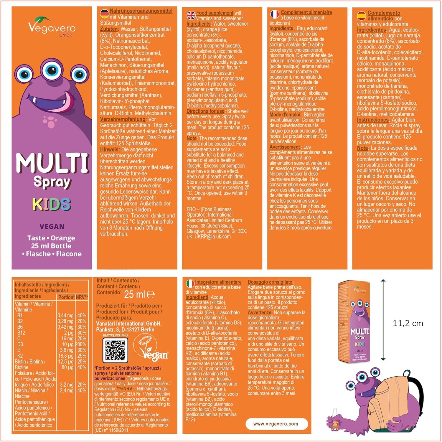 Vegavero Multivitamin for Kids Spray | No Added Sugar | NO Additives | Natural Orange Flavour | with Vitamin C, D3, E, K2 & All B Vitamins | 125 Sprays | Vegan