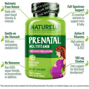 NATURELO Prenatal Multivitamin - Natural Vitamins & Minerals - Active Folate, Iron & Calcium - Essential Nutrients during Pregnancy & Conception - No Gmos - 180 Vegan Capsules | 2 Month Supply