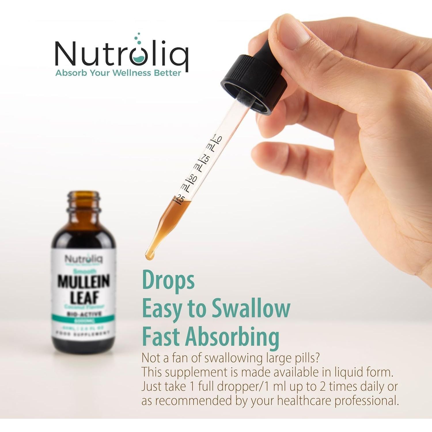Nutroliq Mullein Leaf 50:1 Extract Drops - Vegan, Non-Gmo Supplements for Lung Cleanse and Respiratory Health, Digestive Wellness, Sound Sleep Support - Fast Absorption Tincture - 60Ml, 2 Month Supply