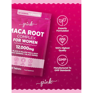 Maca Root Capsules for Women 12,000Mg | Peruvian Maca Supplement | High Strength Black & Yellow Maca Root with Panax Ginseng and Black Pepper | Botanical Supplement to Support Women'S Health | by PINK