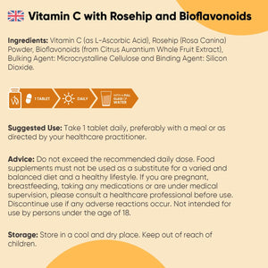 Vitamin C Tablets 1000Mg - 180 Tablets - 6 Months Supply - Added Rosehips & Bioflavonoids - Vegan, Gluten-Free & Non-Gmo - VIT C Supplement (As Ascorbic Acid) - 1 per Day - Made in the UK