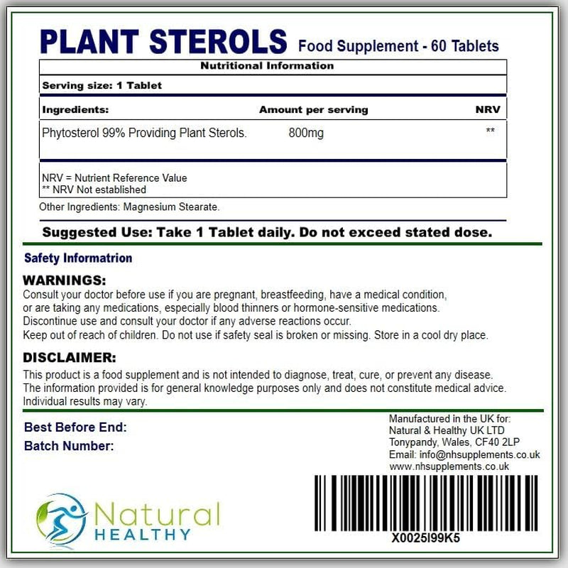 Plant Sterols 800Mg 60 Tablets - Cholesterol Support Supplement - Easy to Swallow Tablets - Suitable for Vegetarians and Vegans