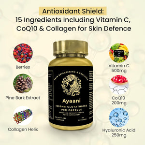 Ayaani Glutathione 1500Mg Supplement | High Strength Skin Brightening Antioxidant Complex with Collagen, Vitamin C, Coenzyme Q10, Hyaluronic Acid, Biotin, Zinc + More | 60 Soft Gels | Developed in UK