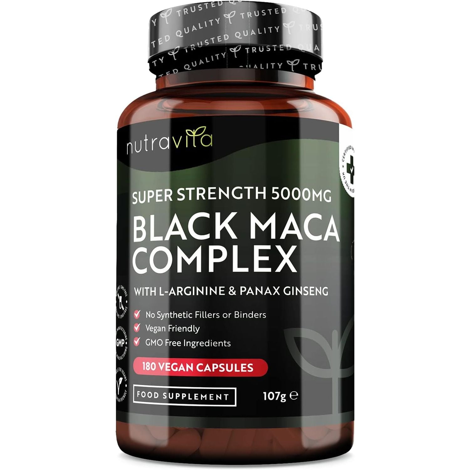 Maca Root Capsules 5000Mg (High Strength) – 180 Vegan Black (6 Month Supply) Not Tablets 100% Peruvian with L-Arginine, Panax Ginseng & Pepper Made in UK by Nutravita