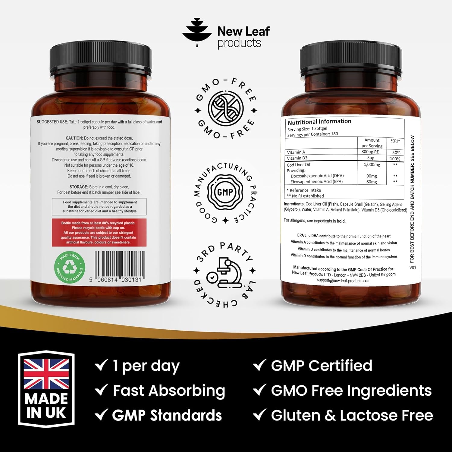 Cod Liver Oil Softgels 1000Mg - 180 Cod Liver Soft Gels High Strength Softgels- Cod Liver Oil Rich in Omega 3 EPA DHA Fatty Acids + Vitamins a & D, High Strength Fish Oil - UK Made, by New Leaf