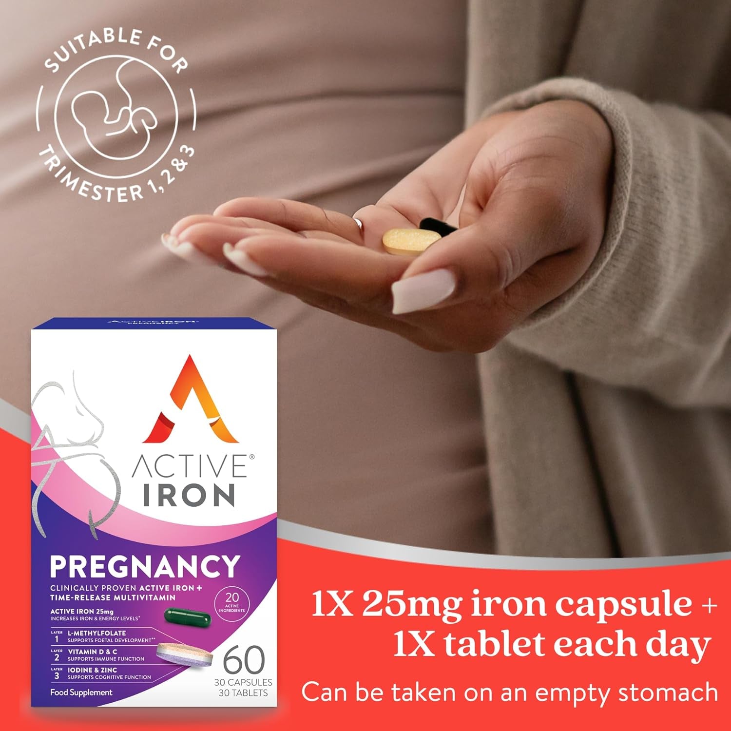 Active Iron Pregnancy, Nutritional Support for Prenatal Care & Foetal Development, 30 X 25 Mg Iron Capsules, 30 X Triple Layer Multivitamin Tablet (L-Methylfolate, Vitamin D & Calcium), 1 Month Supply